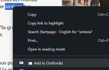 Context menu with Add to Ordforråd