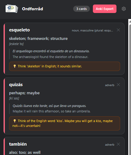 Popup with cards and export button