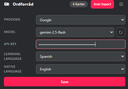 Settings panel with provider and API key fields