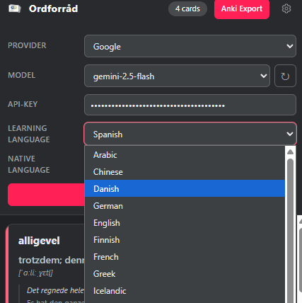Language selects and Save button